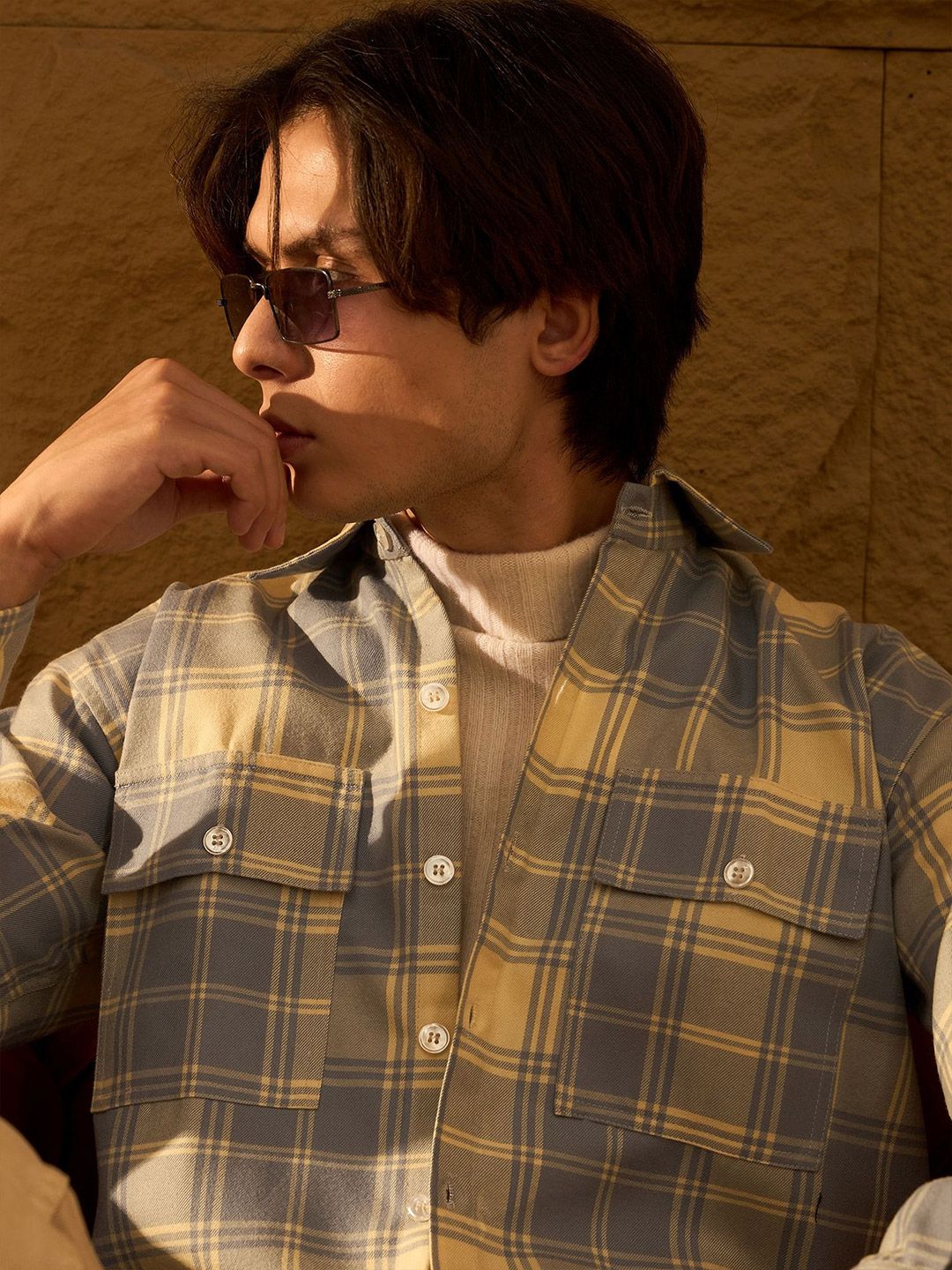 DENNISON Men Double Pocket Drop Shoulder Oversized Cotton Checked Shacket