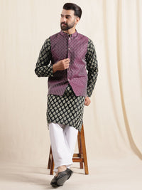 Anouk Geometric Printed Band Collar Straight Kurta With Pyjama And Nehru jacket