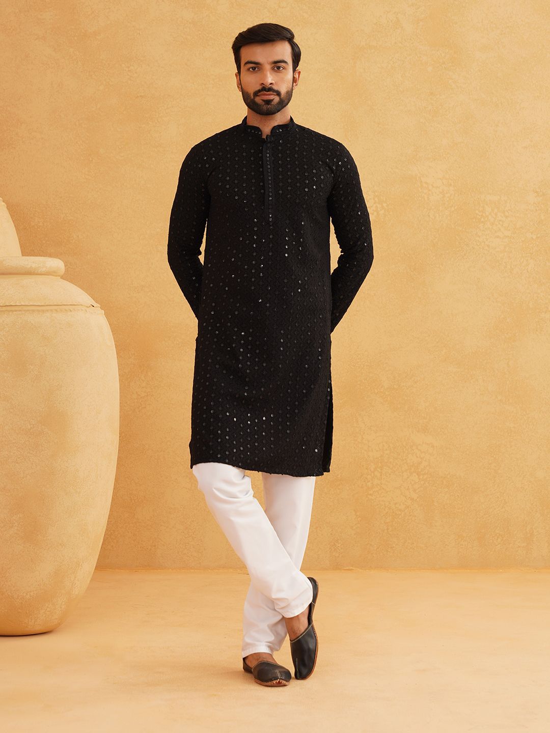 SOJANYA Woven Design Embroidered Sequinned Pure Cotton Kurta with Pyjama