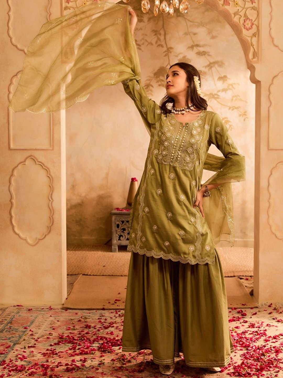Bani Women Floral Embroidered Sequinned Straight Kurta with Palazzos & Dupatta