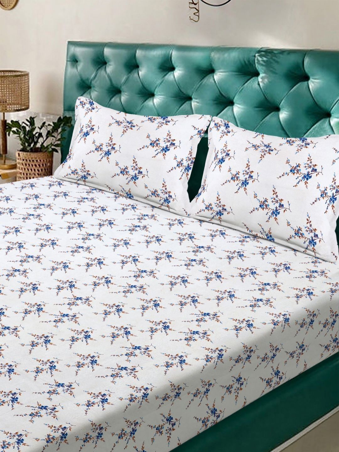 Myntra Elegant Homes White & Blue Floral 300 TC King Bedsheet with 2 Pillow Covers