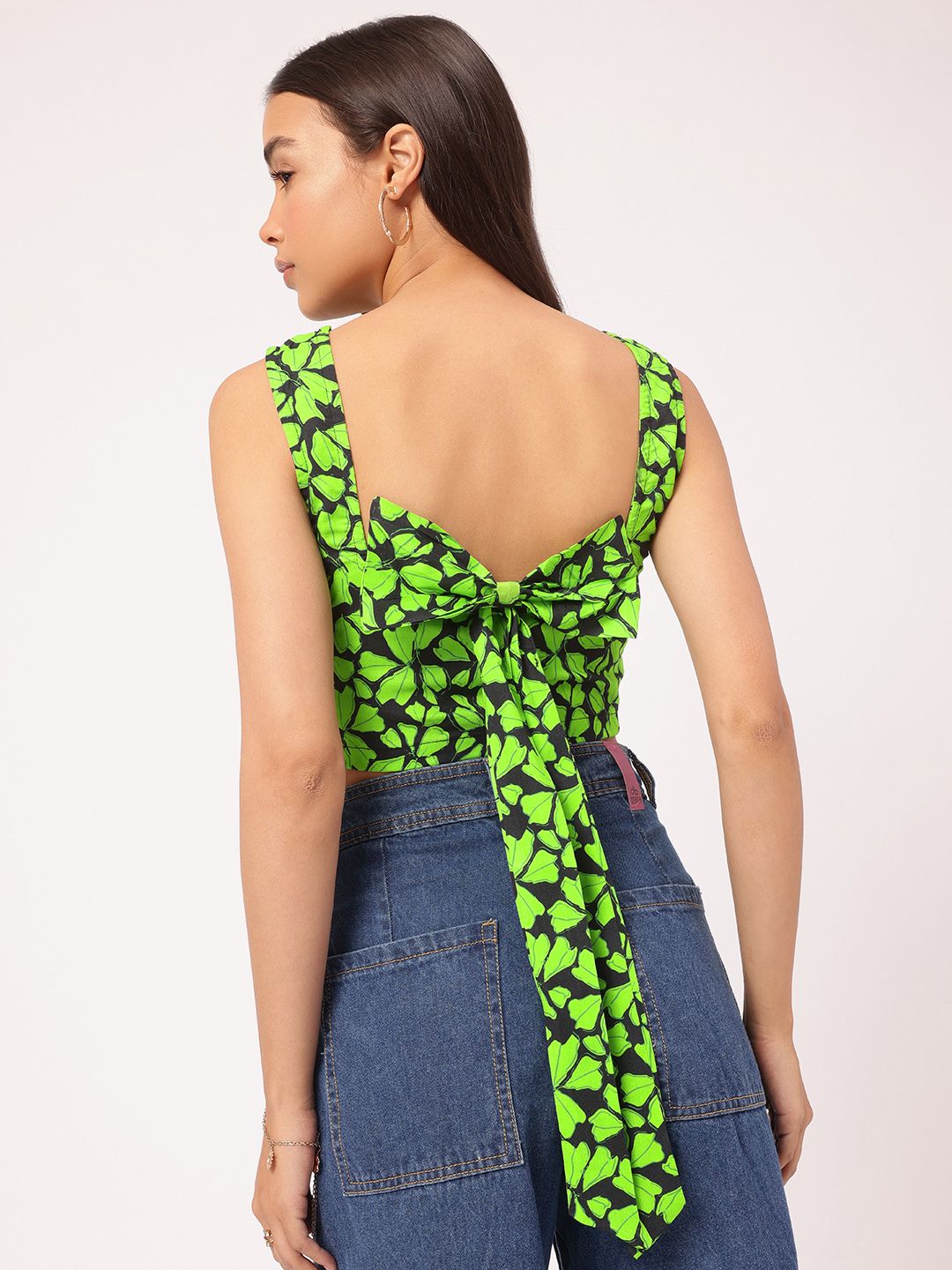 DressBerry Cyber Lime Bow Chic Floral Print Crop Top
