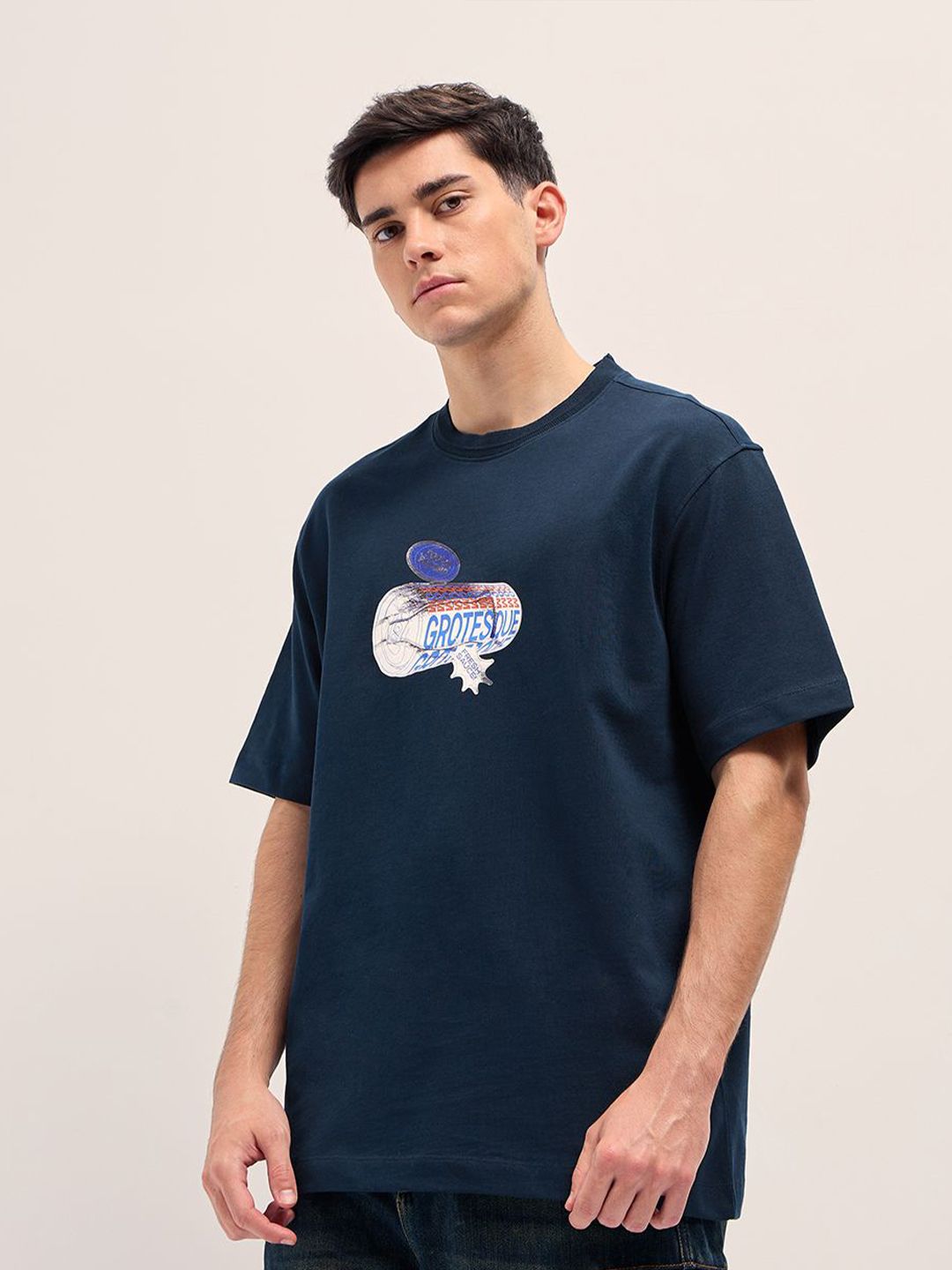 THE BEAR HOUSE Men Graphic Printed Round Neck Cotton Oversized T-shirt