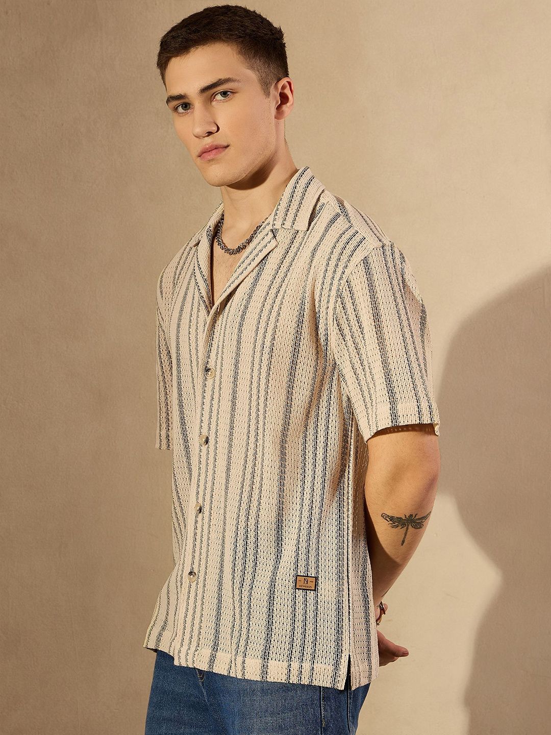 DENNISON Men Smart Cuban Collar Striped Cotton Oversized Casual Shirt