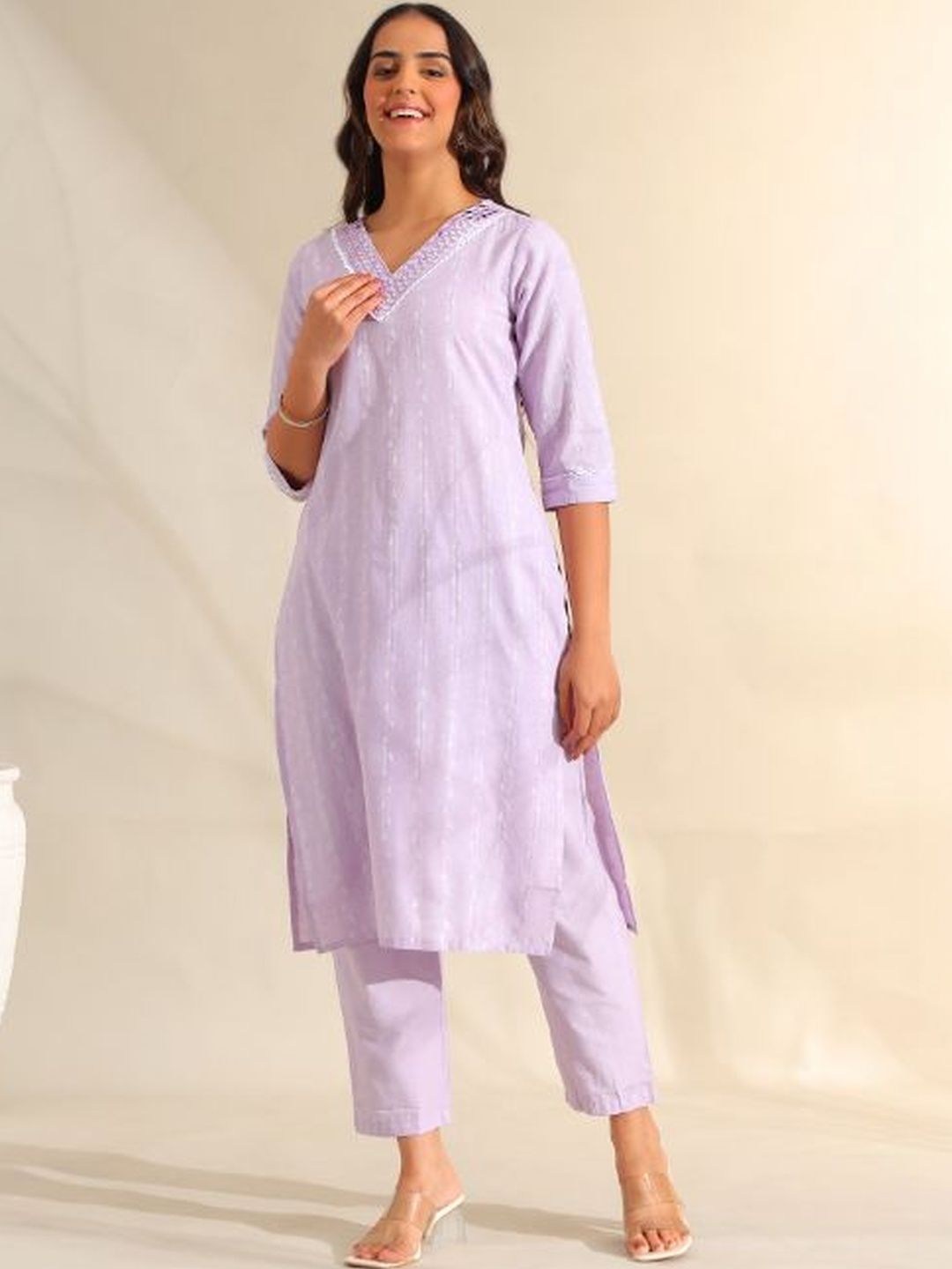 Mamicha Women Regular Mirror Work Pure Cotton Kurta with Trousers