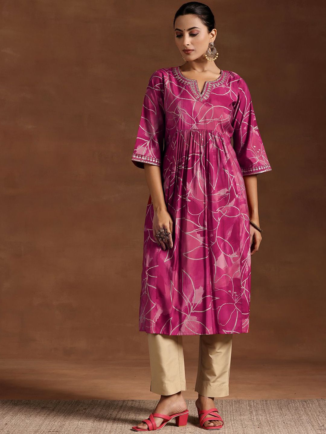 Libas Floral Printed Notch Neck Sequinned A-Line Kurta