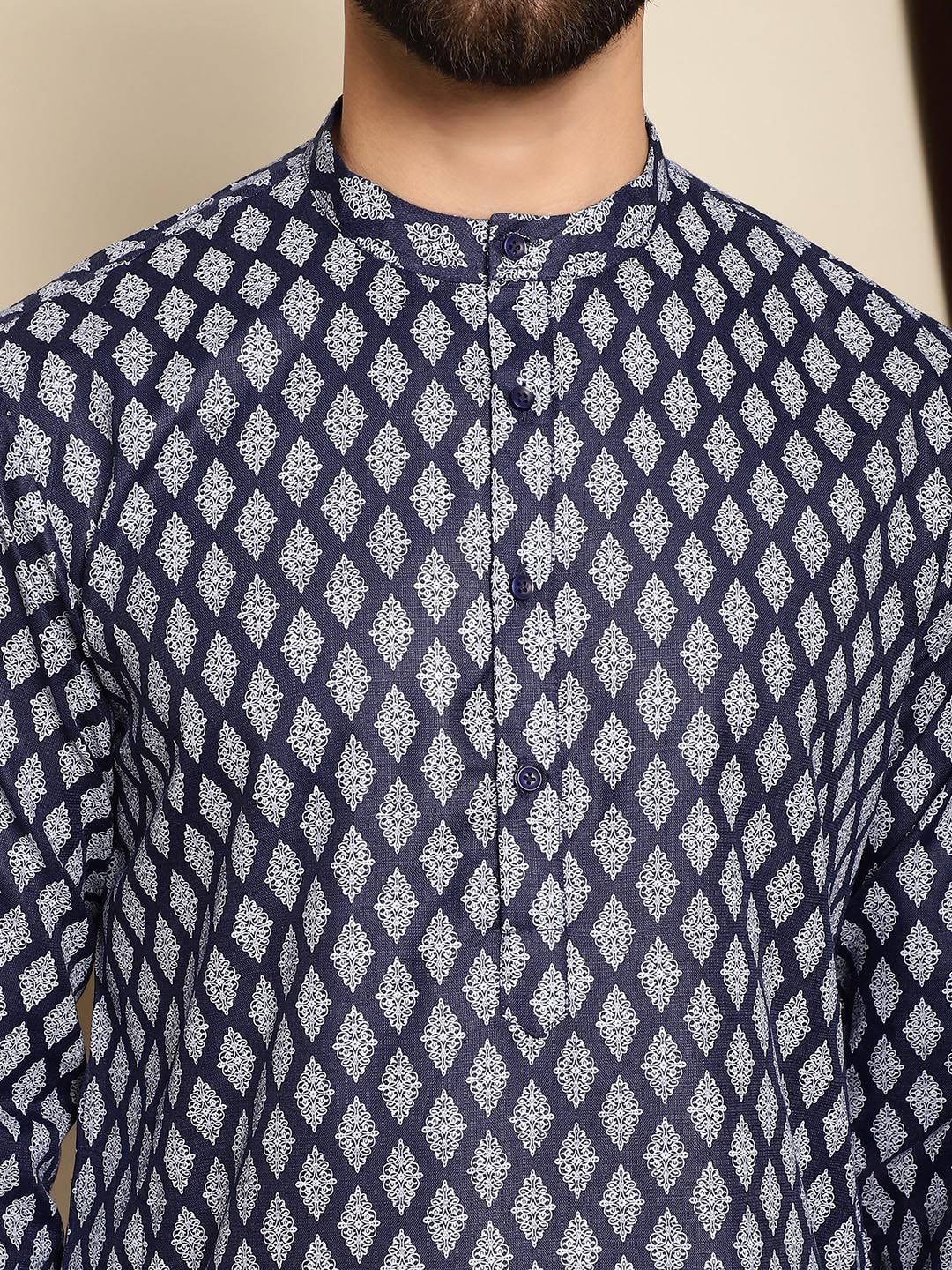 Anouk Navy Blue Ethnic Motif Printed Band Collar Straight Kurta