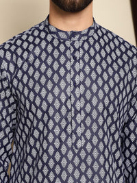 Anouk Navy Blue Ethnic Motif Printed Band Collar Straight Kurta