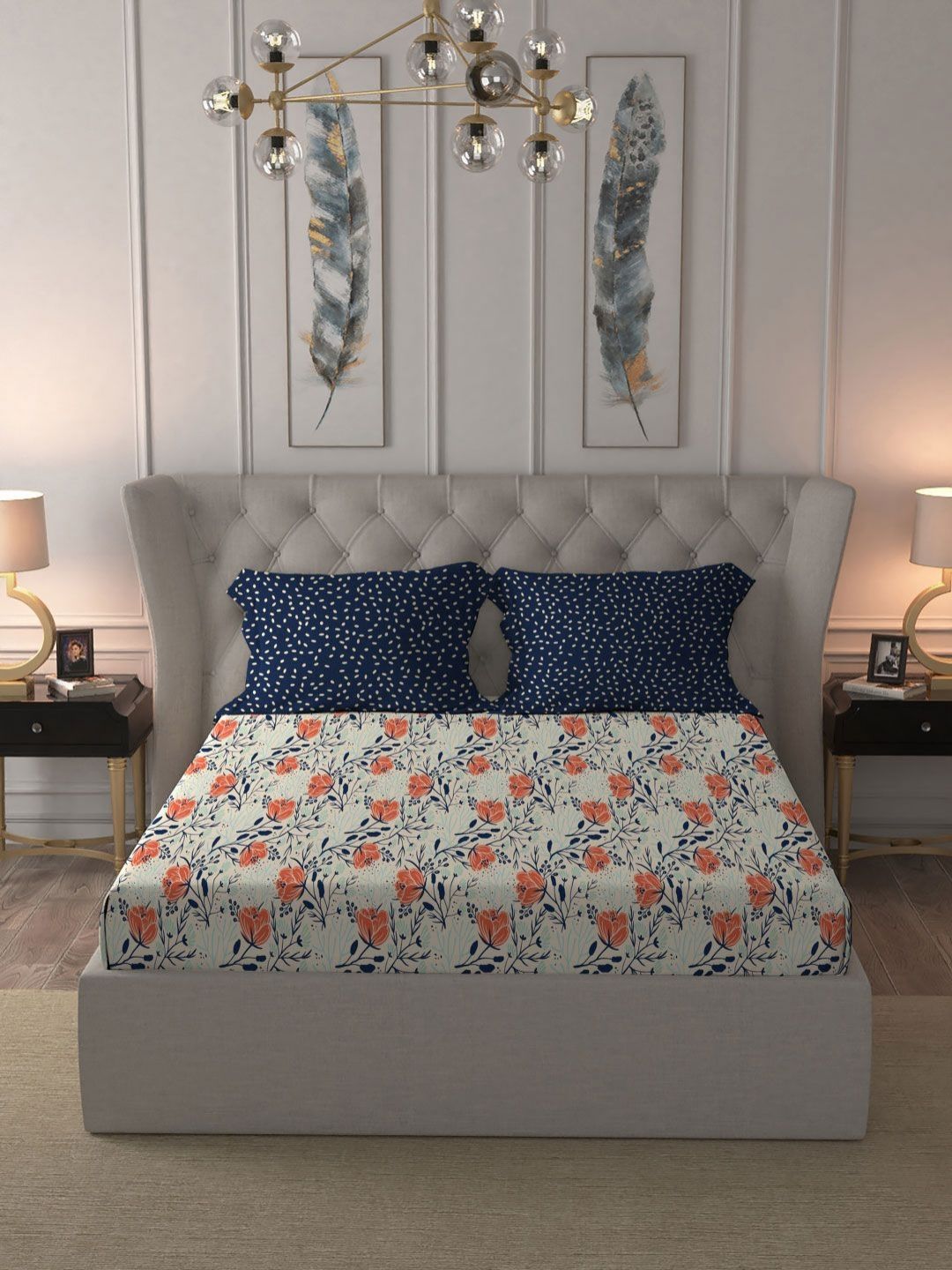 MYTRIDENT Aster Blue Moments Flat 120TC Queen Cotton 1 Bedsheet with 2 Pillow Covers