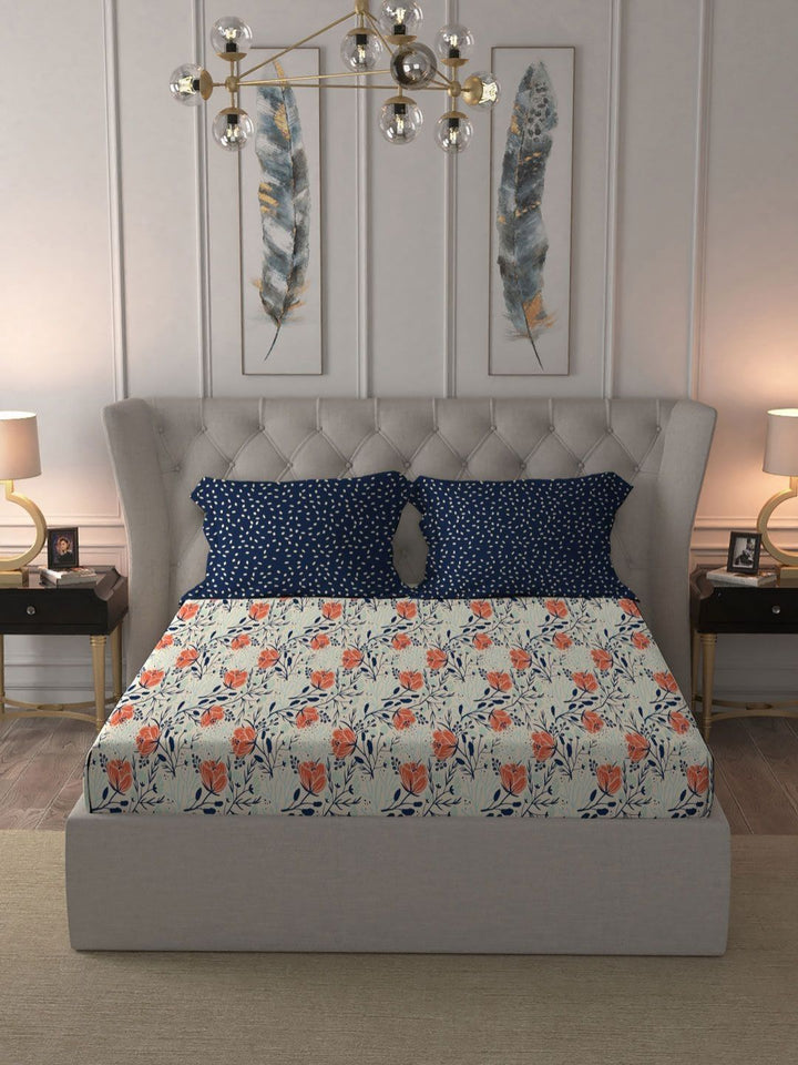 MYTRIDENT Aster Blue Moments Flat 120TC Queen Cotton 1 Bedsheet with 2 Pillow Covers