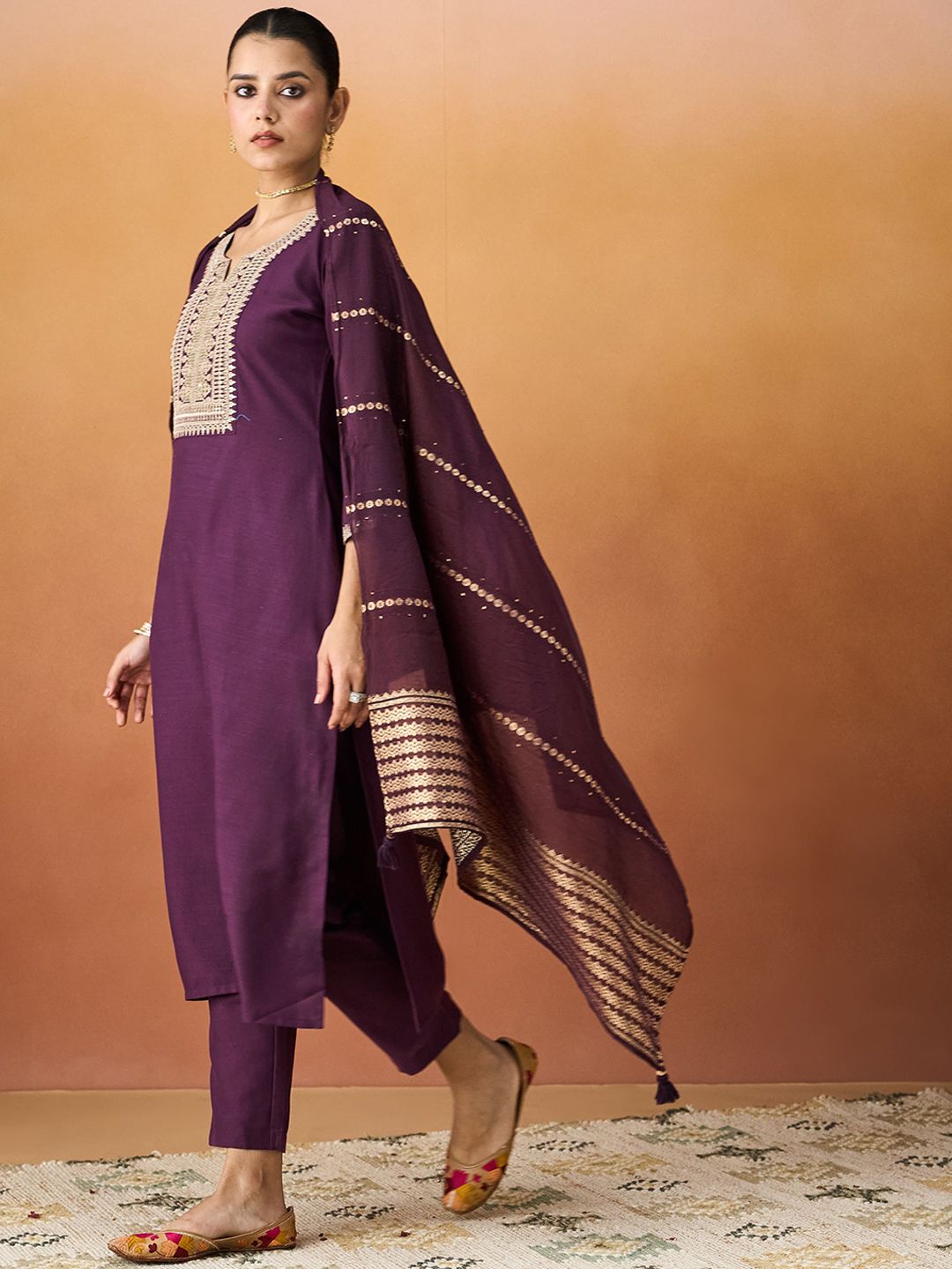 KALINI Ethnic Motifs Embroidered Straight Kurta With Trousers & Dupatta