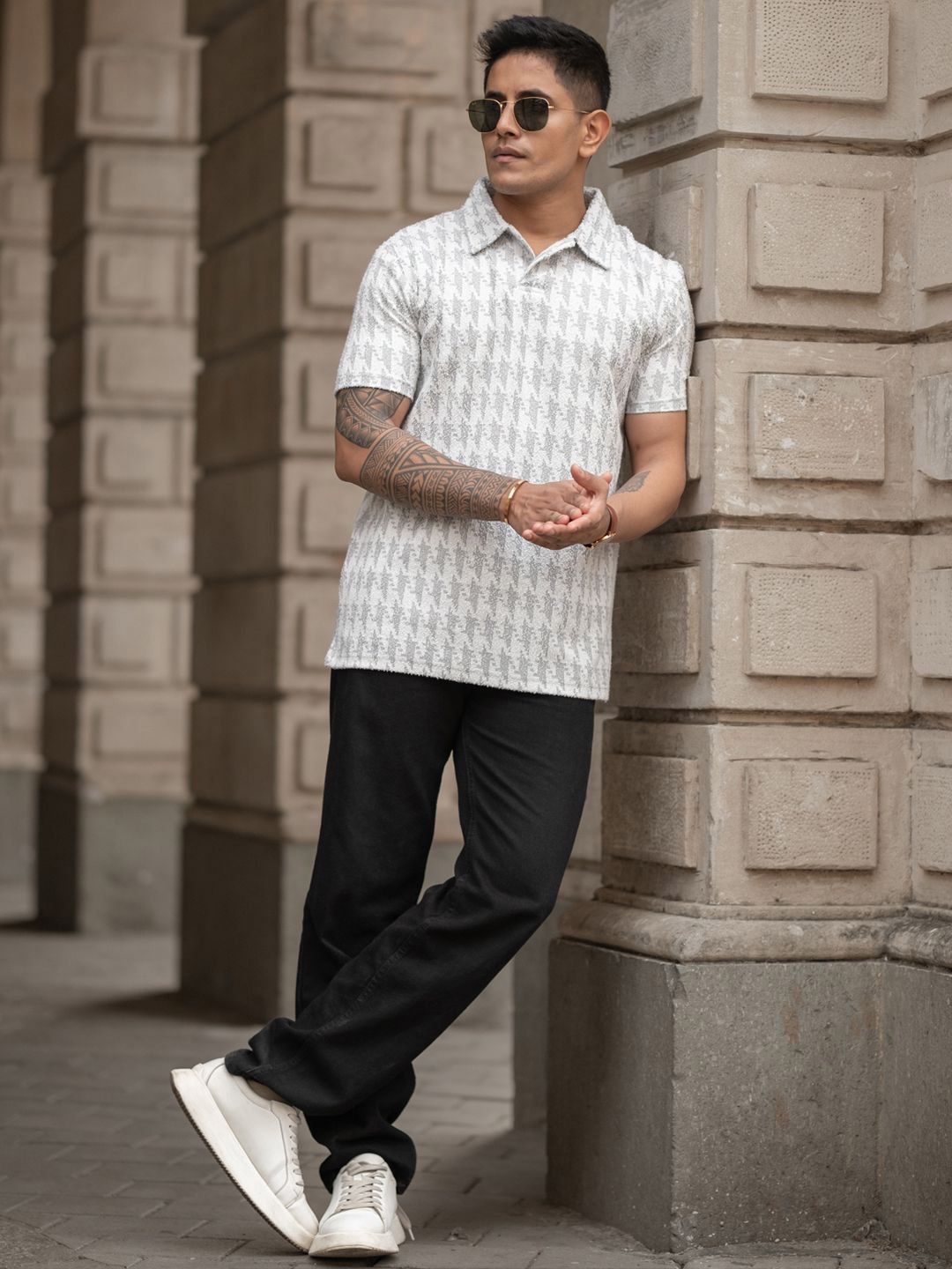 Powerlook Men Abstract Printed Polo Collar Cotton T-shirt