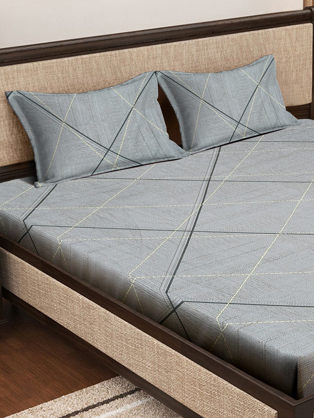 Myntra Elegant Homes Grey & Black Printed 300 TC Fitted King Bedsheet Set 2.5m x 2.25m