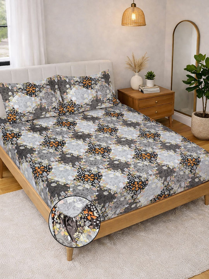 Myntra Elegant Homes Grey Floral 300 TC Cadar Katil King dengan 2 Sarung Bantal