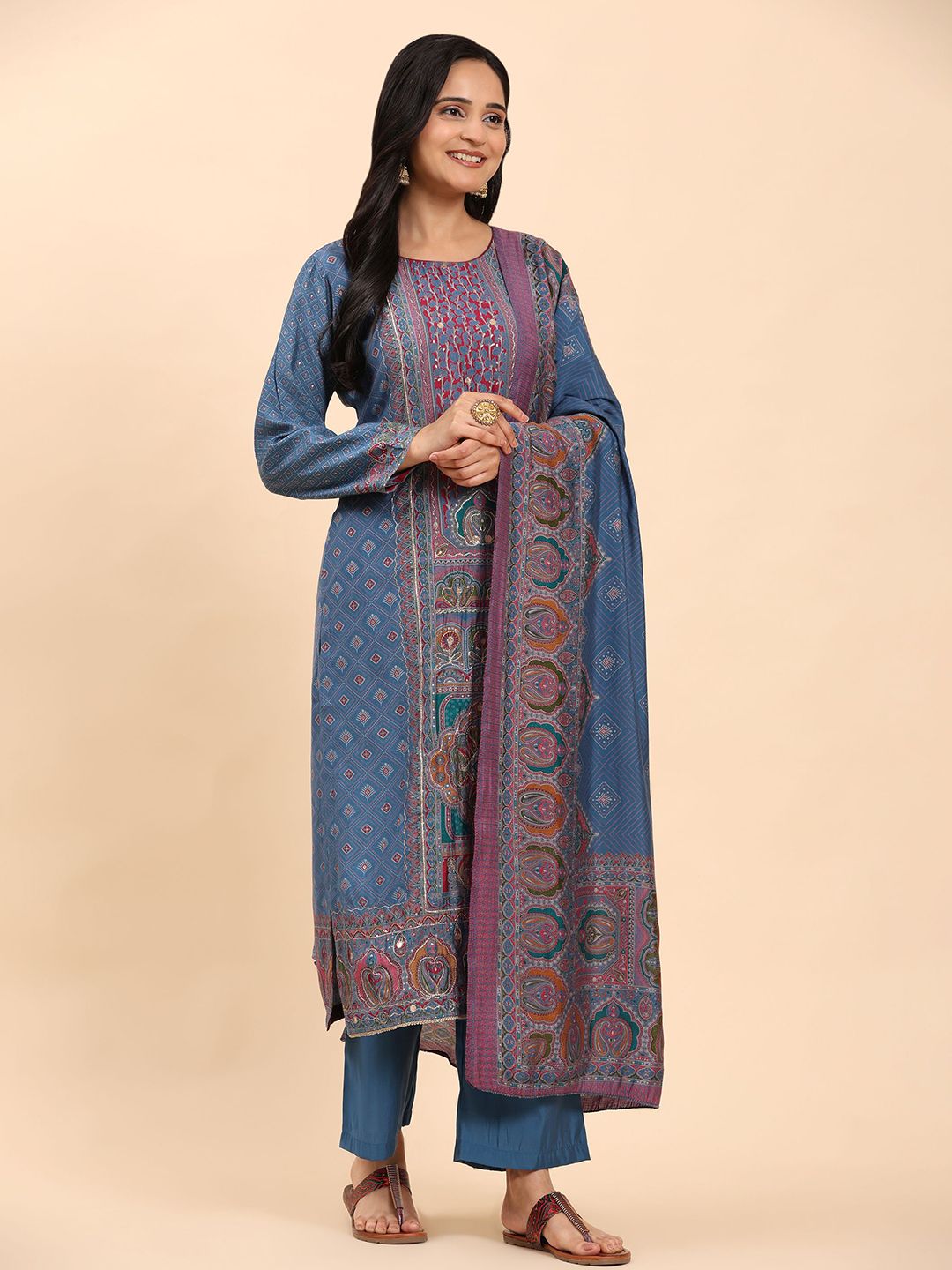 Mamicha Women Ethnic Motifs Embroidered Regular Thread Work Pure Cotton Kurta with Palazzos & With Dupatta