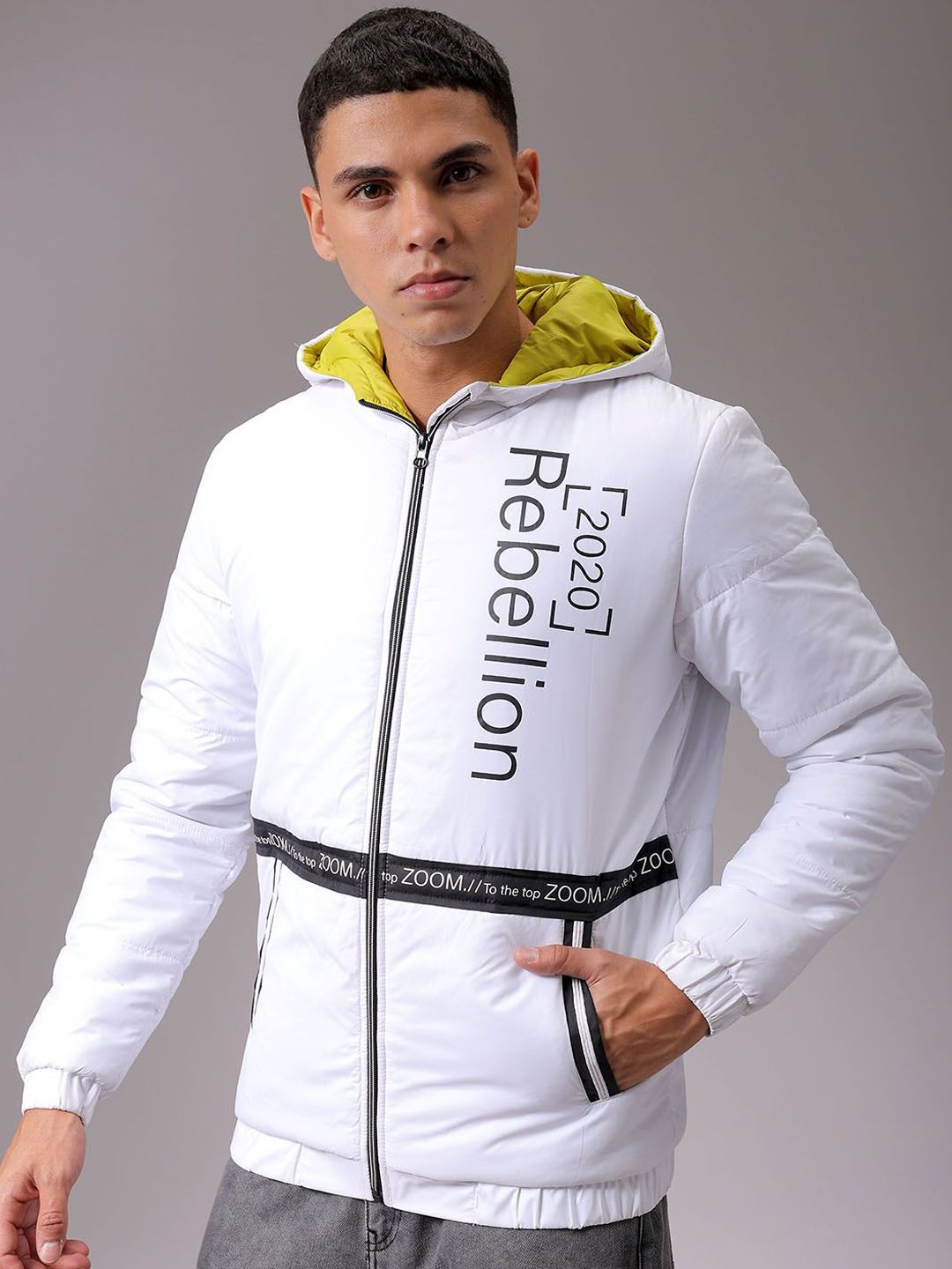 The Indian Garage Co Men Hooded Typography Printed Casual Quilted Jacket