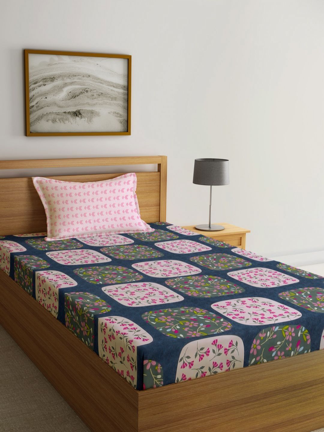 Aura Blue & Pink Floral Printed Flat 300TC Single Bedsheet With Pillow Cover