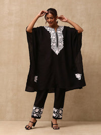 House of Chikankari Women Black Cotton Aari Embroidered Kaftan Set