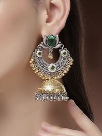 KARATCART Gold-Plated Dome Shaped Kundan Studded & Beaded Lotus Motif Oxidized Jhumkas