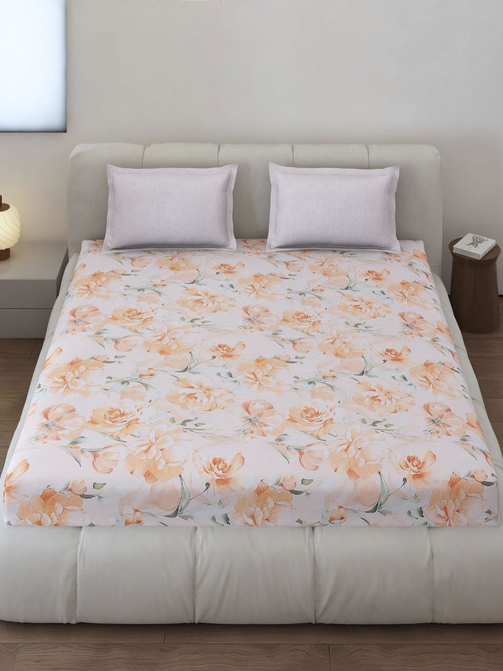 Monte Carlo Edmond White & Orange Floral Printed 144 TC King Bedsheet Set 2.70 m x 2.70 m