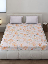 Monte Carlo Edmond White & Orange Floral Printed 144 TC King Bedsheet Set 2.70 m x 2.70 m