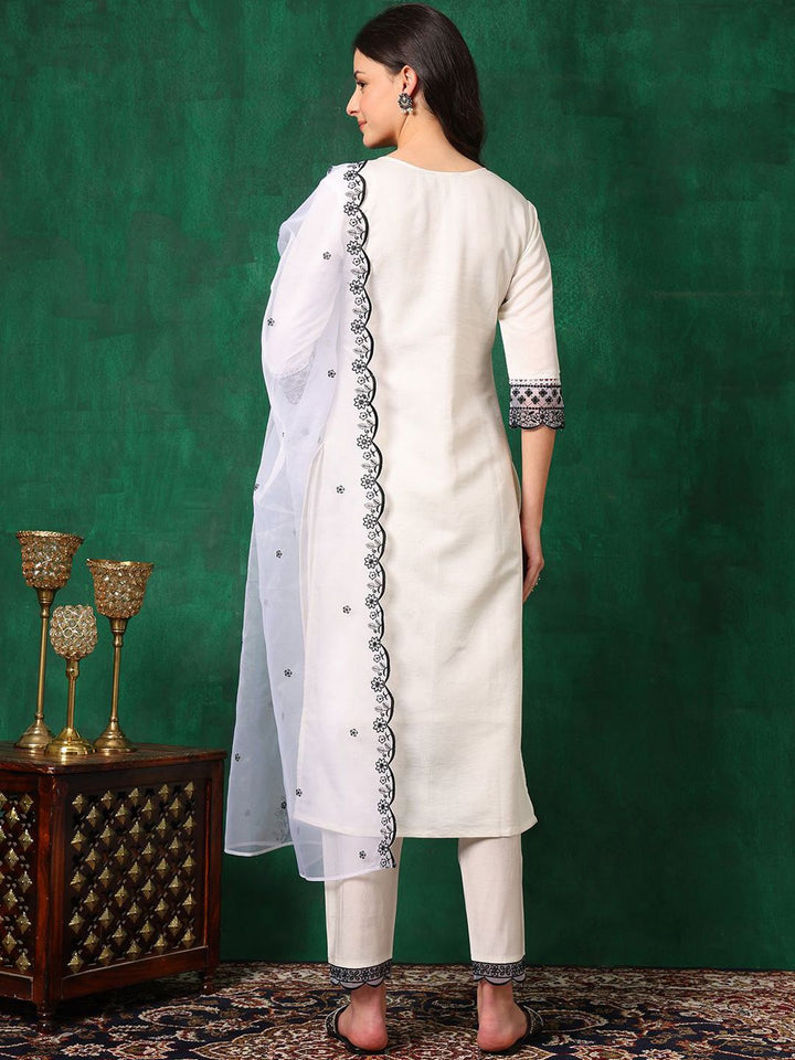 KALINI Women Embroidered Regular Thread Work Chanderi Cotton Kurta with Trousers & With Dupatta