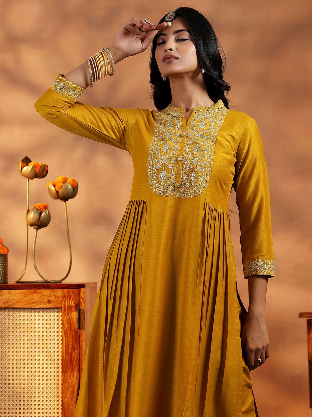 Libas Floral Embroidered Zari Yoke Design Panelled A Line Kurta with Palazzos & Dupatta