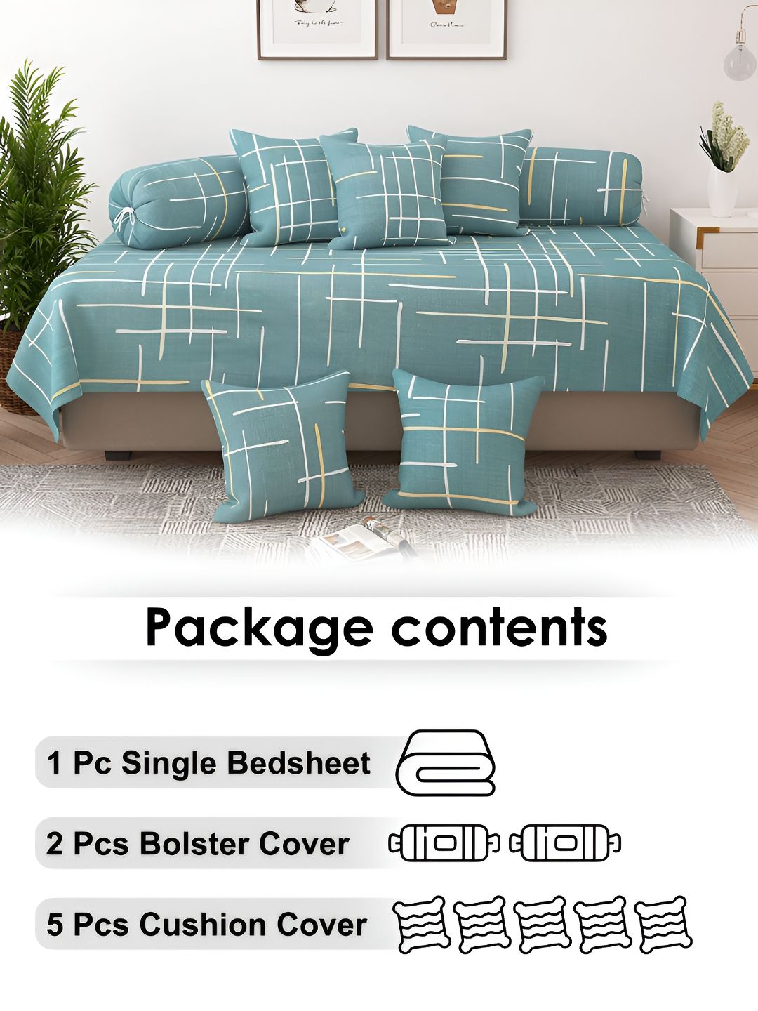 Story@home 8 Pc Green Geometric Printed Satin Finish Diwan Set