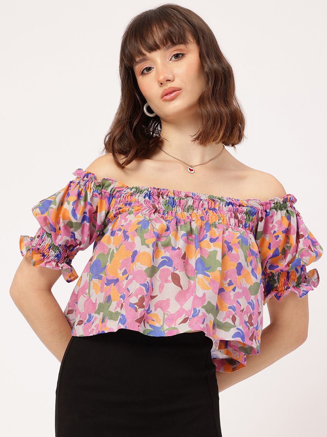 DressBerry Dainty Details Floral Print Smocked Bardot Top