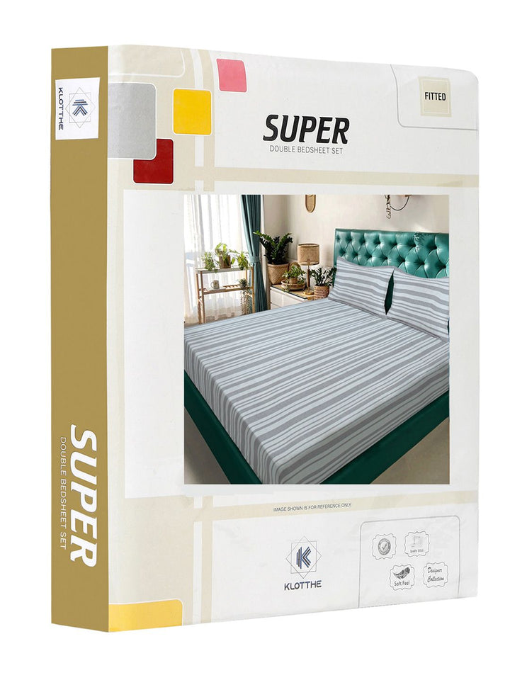 KLOTTHE Grey Polycotton Striped Dipasang 300 GSM Double Bedsheet