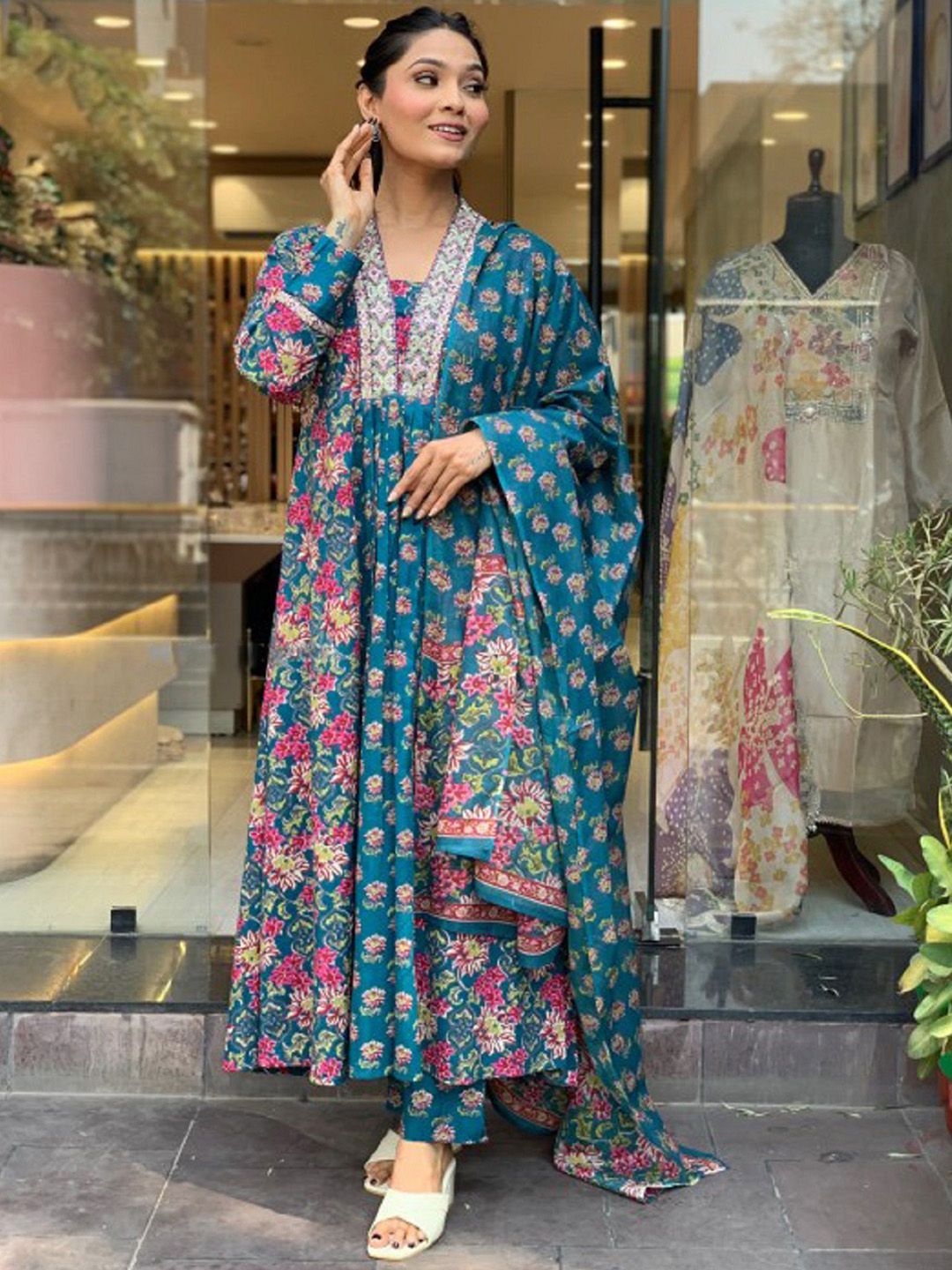 KALINI Floral Printed V-Neck Thread Work A-Line Kurta With Trousers & Dupatta