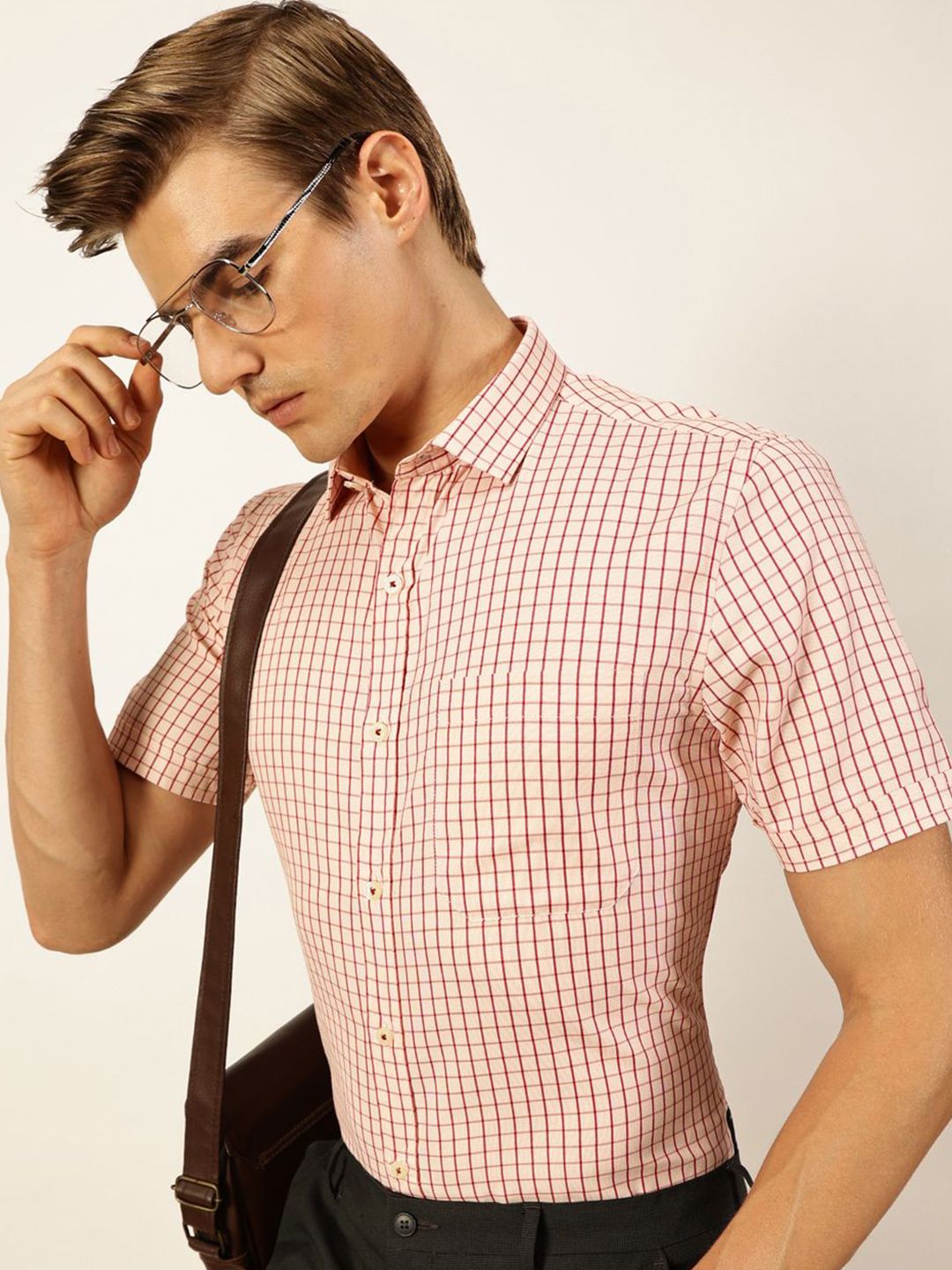 Thomas Scott Men Smart Cutaway Collar Gingham Checked Cotton Formal Shirt