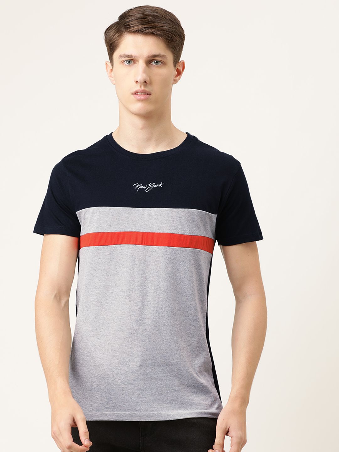 The Indian Garage Co Men Grey Melange  Navy Blue Colourblocked Round Neck Pure Cotton T-shirt