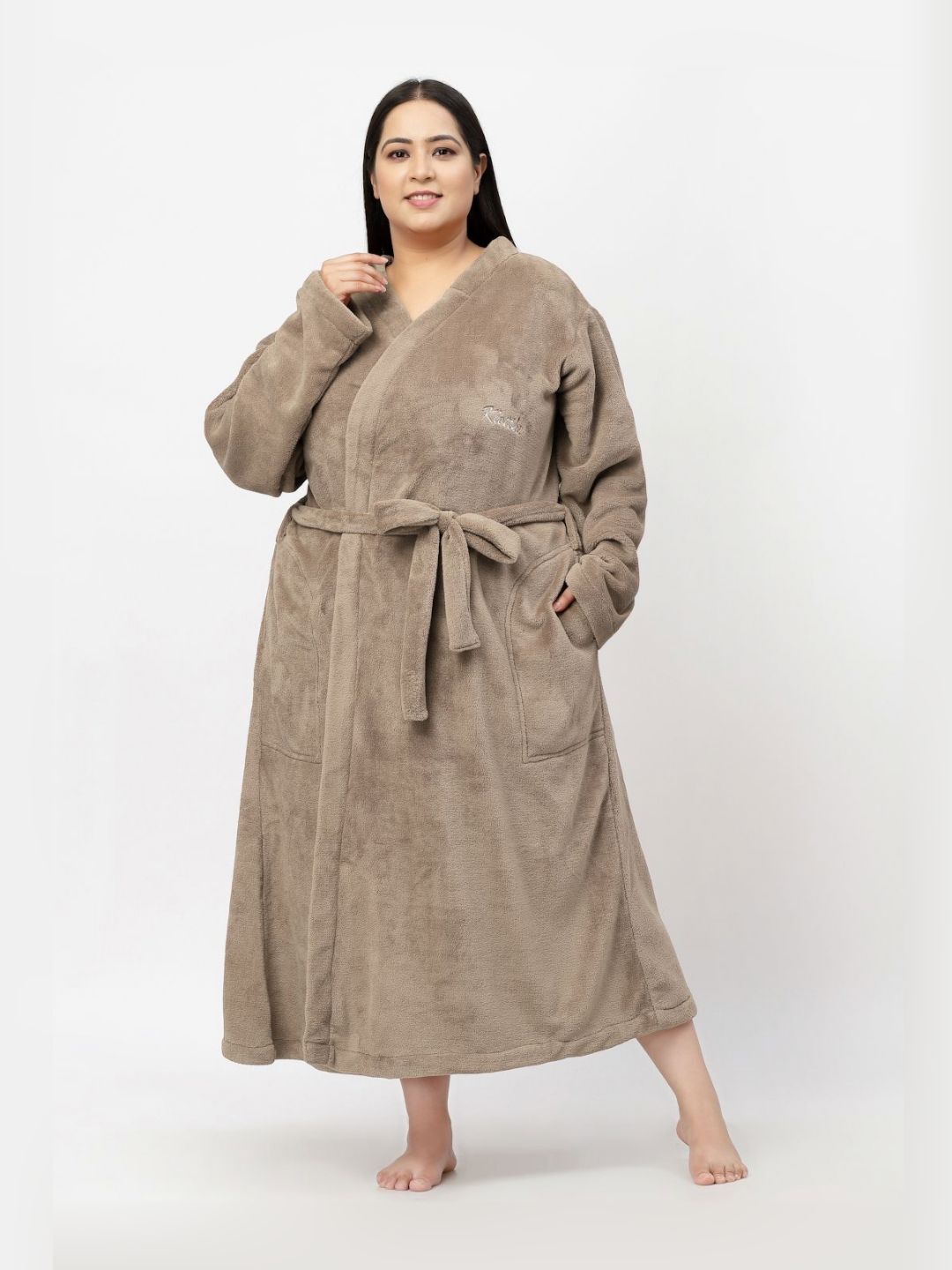 KLOTTHE Woolen Plus Size Long Sleeve Bath Robe with Belt