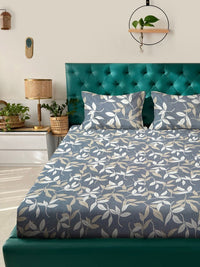 Aura Grey Leaf Polycotton 300 TC King Fine Bedsheet with 2 Pillow Covers-98 x 89 inches
