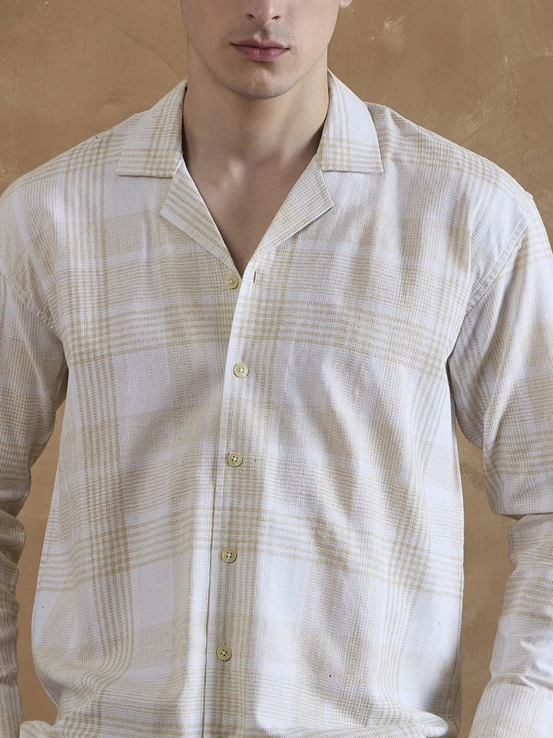 DENNISON Yellow and White Oversized Cuban Collar Checkered Shirt