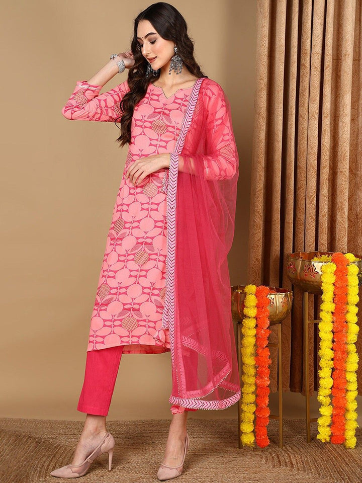 KALINI Floral Printed Notch Neck Straight Kurta With Trousers & Dupatta