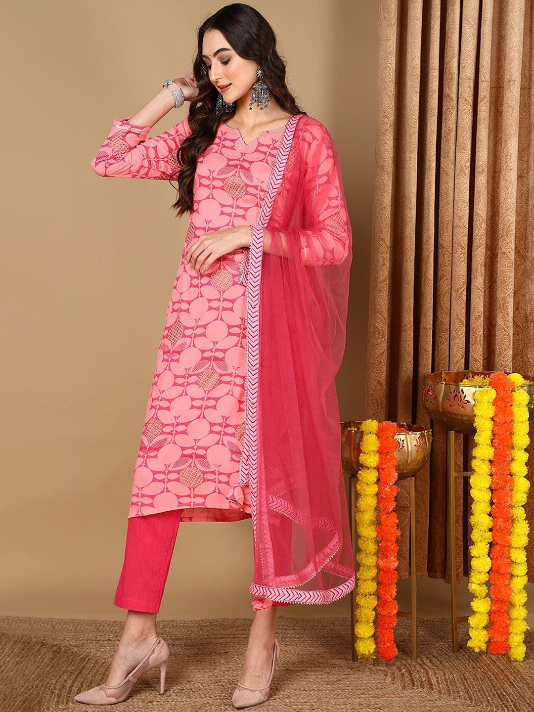 KALINI Floral Printed Notch Neck Straight Kurta With Trousers & Dupatta