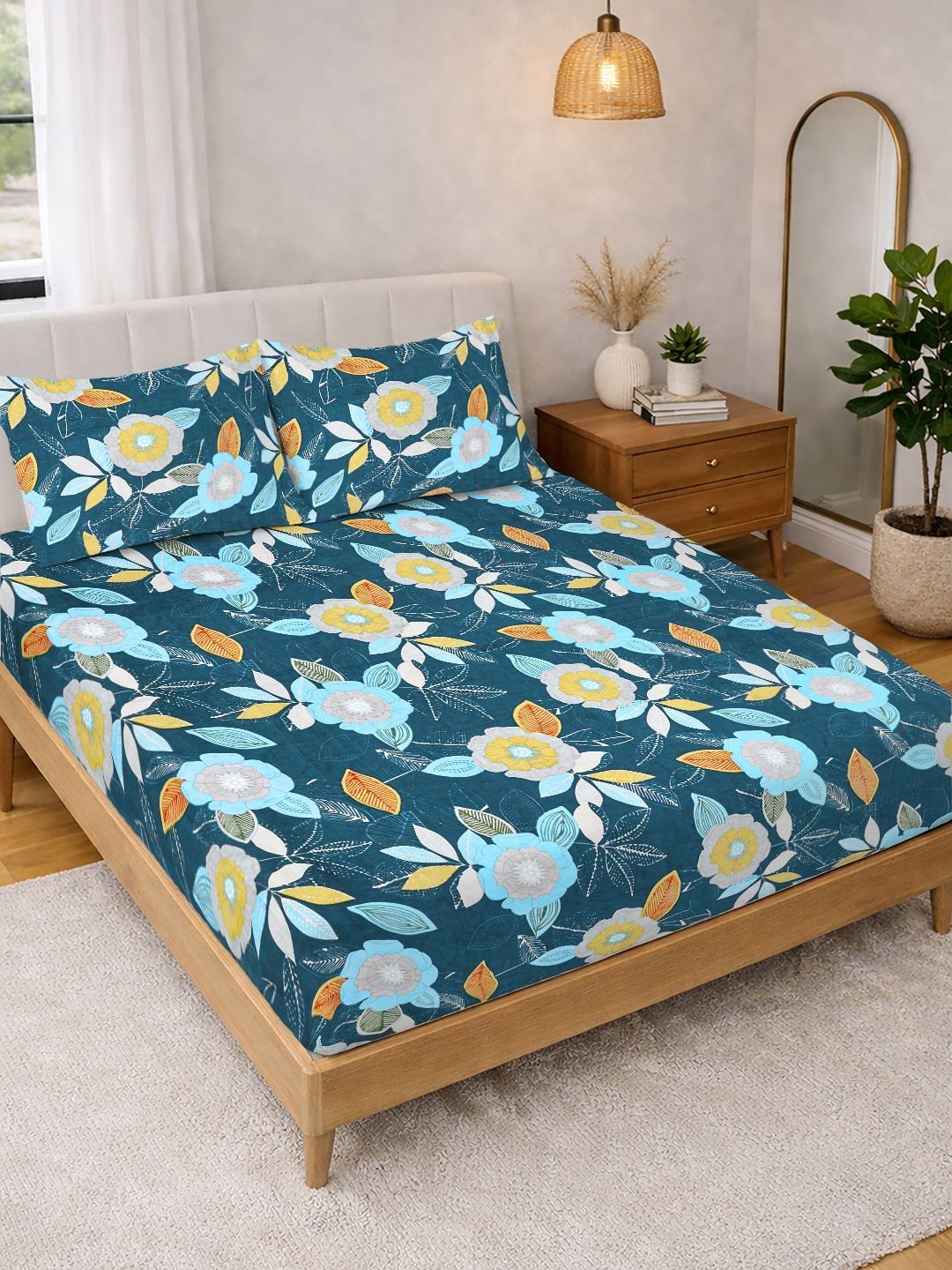KLOTTHE Blue Floral Printed 300 TC Cadar King