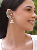 Rubans Rhodium-Plated Stones Studded And Beaded Oxidised Paisley Shaped Ear Cuff