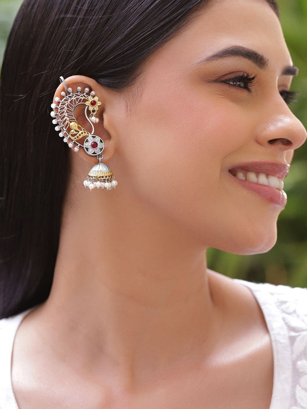 Rubans Rhodium-Plated Stones Studded And Beaded Oxidised Paisley Shaped Ear Cuff