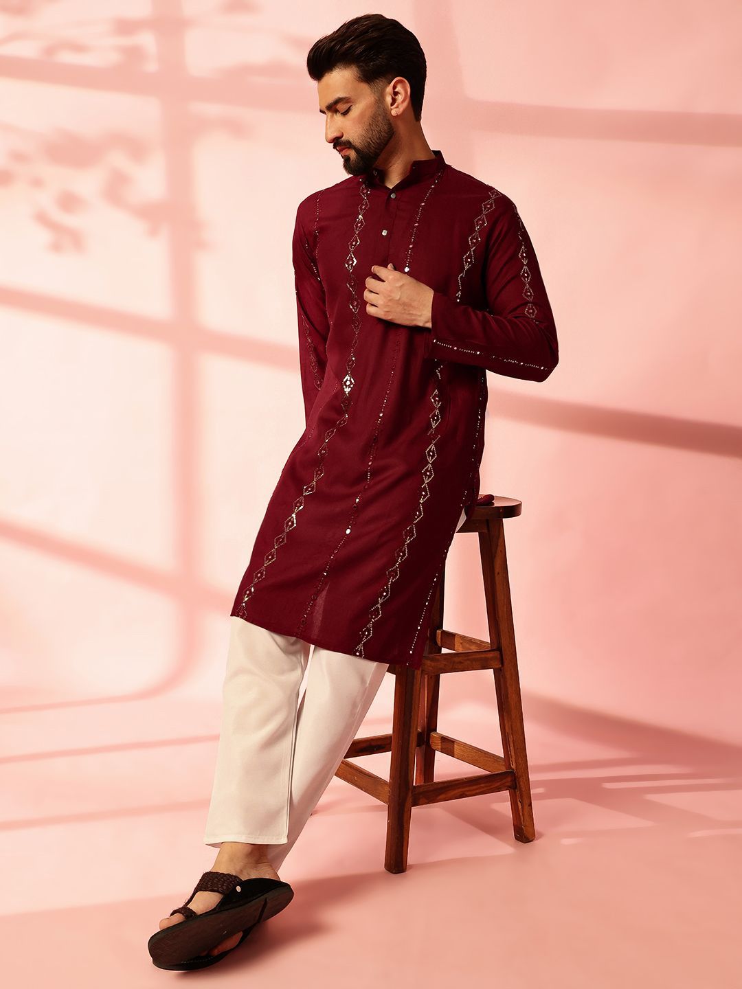 Anouk Striped Embroidered Mandarin Collar Sequinned Cotton Straight Kurta