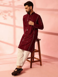 Anouk Striped Embroidered Mandarin Collar Sequinned Cotton Straight Kurta