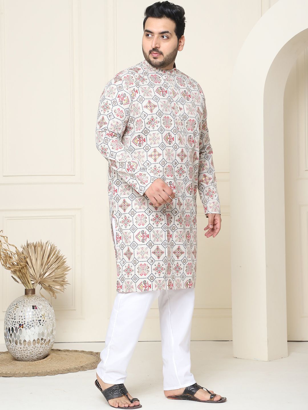 SOJANYA PLUS Ethnic Motifs Printed Cotton Linen Straight Kurta with Pyjamas