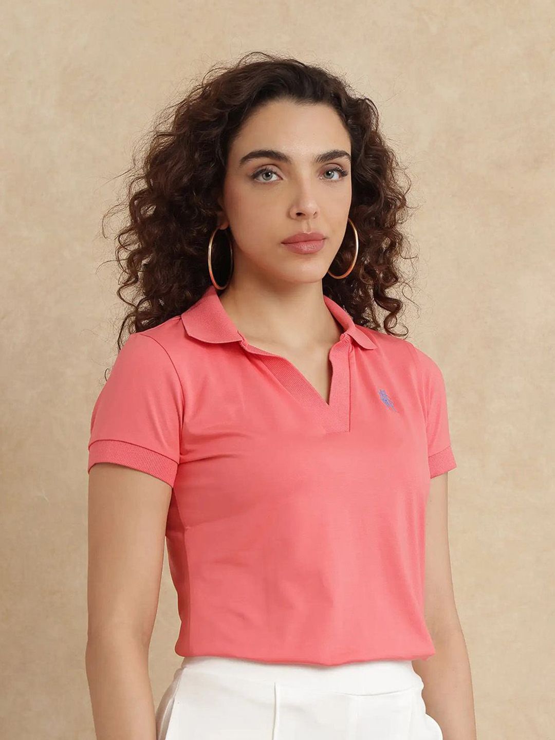 RAREISM Women Solid Polo Collar Cotton T-shirt