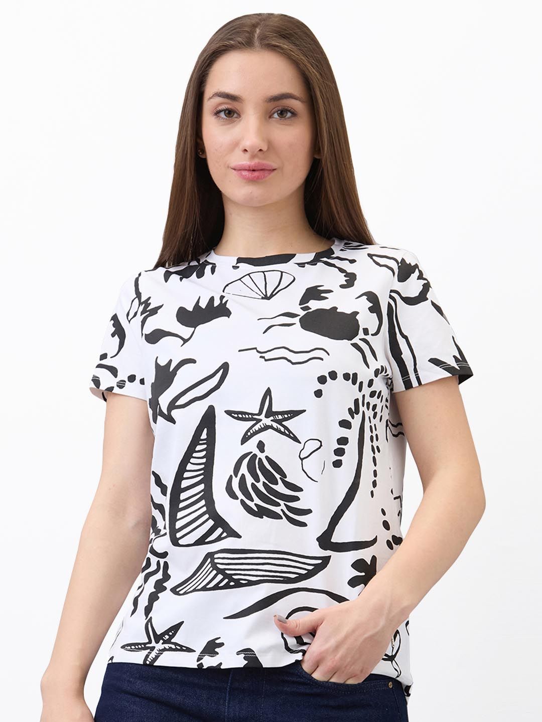 SPYKAR Women Regular Fit Abstract Printed Round Neck Cotton T-shirt
