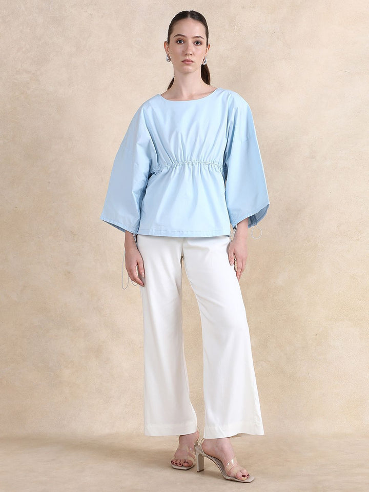 RAREISM Women Flared Sleeves Cotton Cinched Waist Top