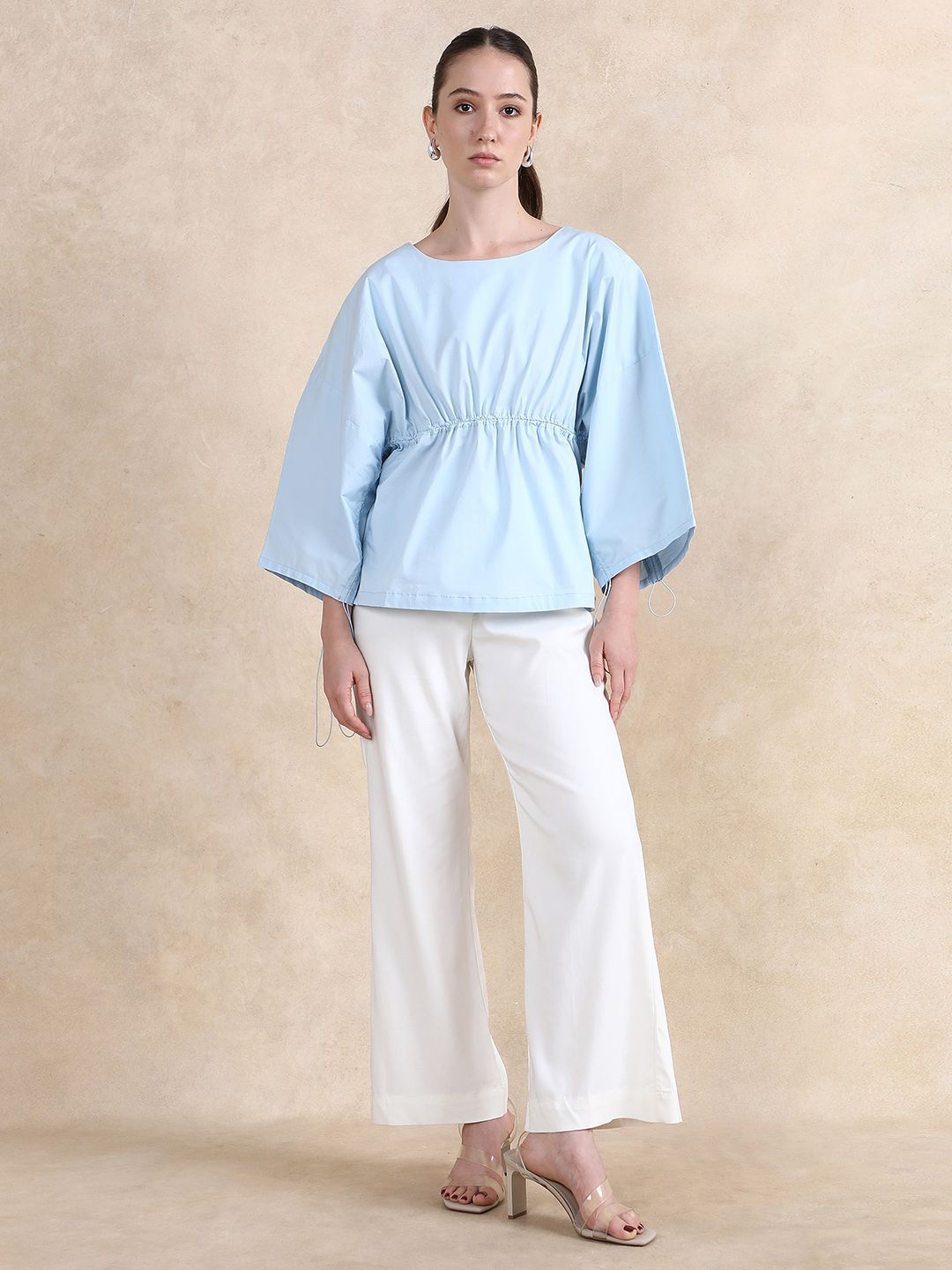 RAREISM Women Flared Sleeves Cotton Cinched Waist Top