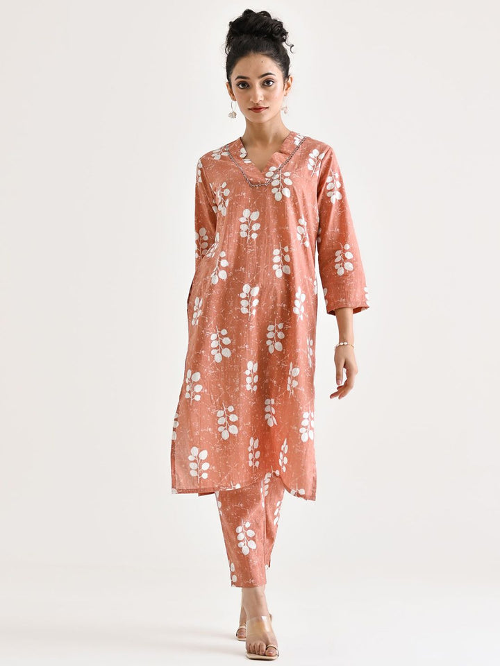 Rustorange Buta Printed Embroidered Neckline Detail Pure Cotton Tunic With Trouser Co-Ords