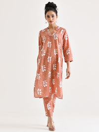 Rustorange Buta Printed Embroidered Neckline Detail Pure Cotton Tunic With Trouser Co-Ords